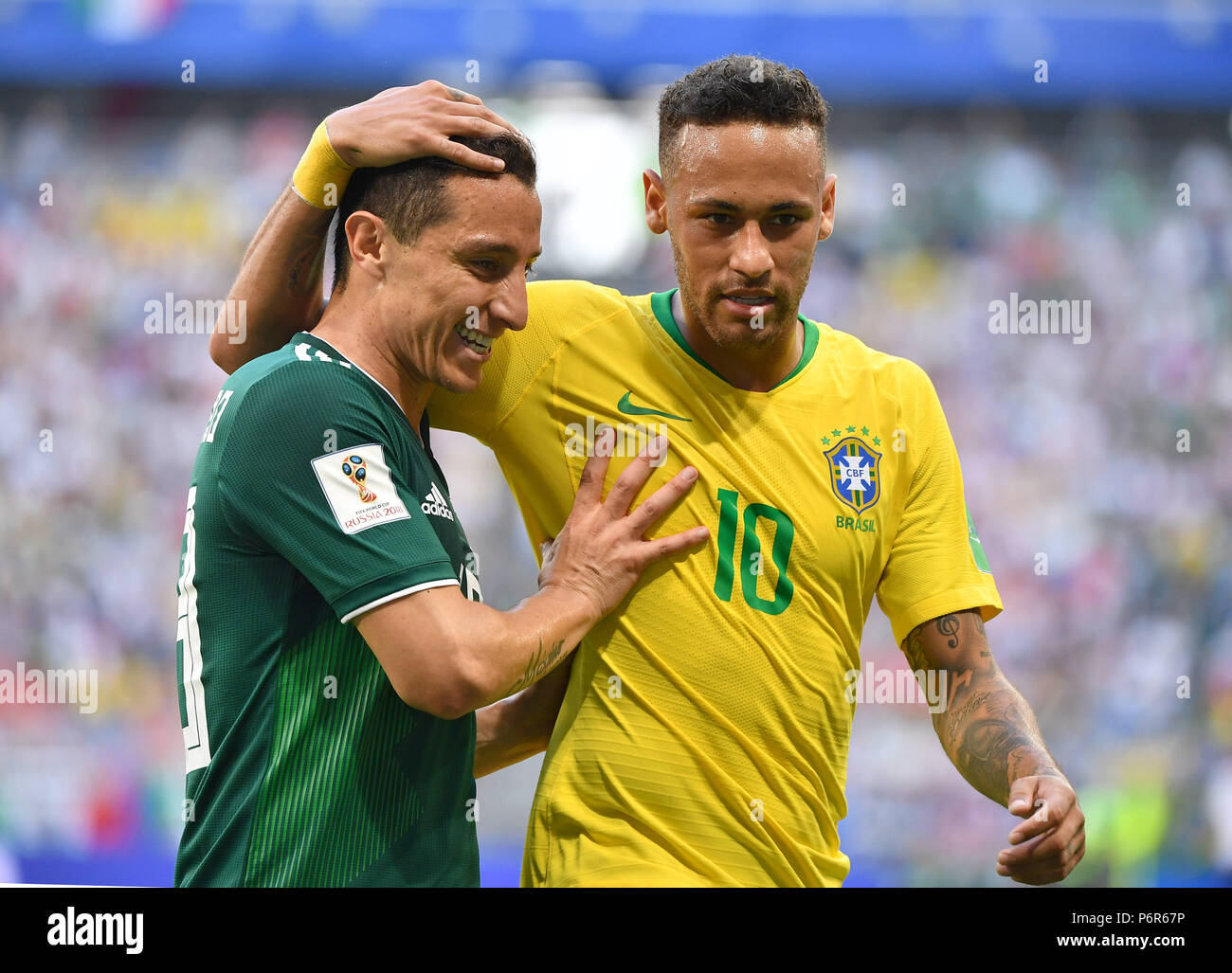 Samara, Russia. 2nd July, 2018. Neymar (R) of Brazil and Andres Guardado of Mexico are seen during the 2018 FIFA World Cup round of 16 match between Brazil and Mexico in Samara, Russia, July 2, 2018. Brazil won 2-0 and advanced to the quarter-final. Credit: Li Ga/Xinhua/Alamy Live News Stock Photo