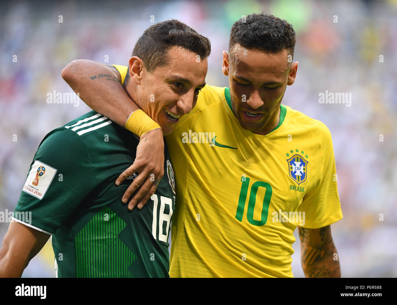 Samara, Russia. 2nd July, 2018. Neymar (R) of Brazil and Andres Guardado of Mexico are seen during the 2018 FIFA World Cup round of 16 match between Brazil and Mexico in Samara, Russia, July 2, 2018. Brazil won 2-0 and advanced to the quarter-final. Credit: Li Ga/Xinhua/Alamy Live News Stock Photo