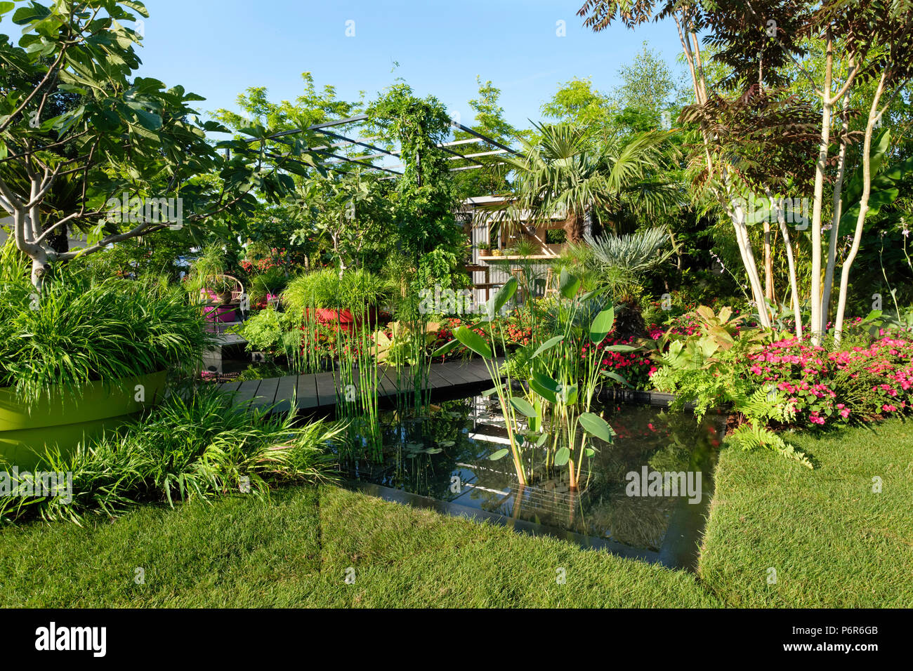 RHS Hampton Court Palace Flower Show, July 2, 2018. The B&Q Bursting Busy Lizzie Garden designed by Mathew Childs. Credit P Tomlins/Alamy Live News Stock Photo