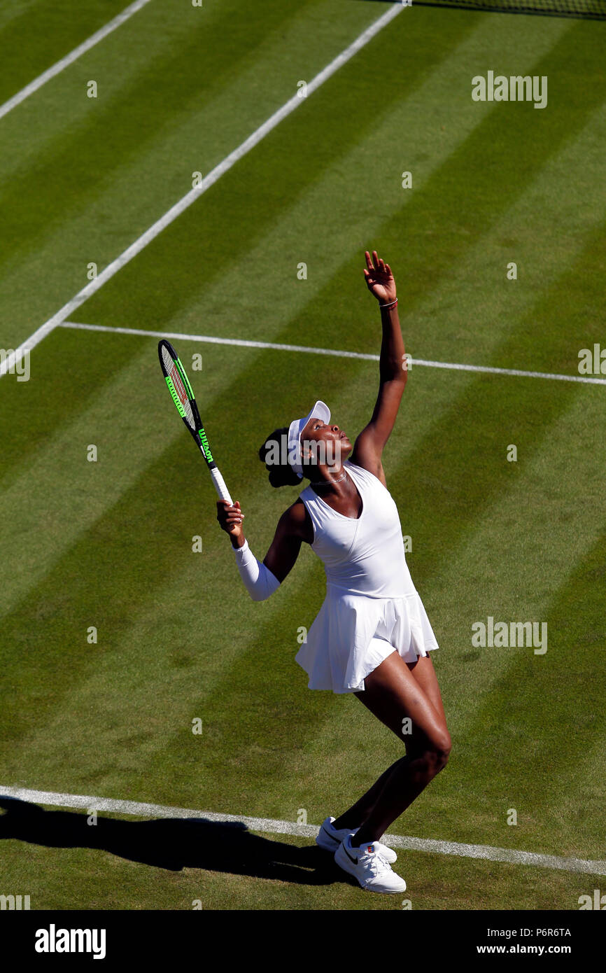 London, England, July 2nd, 2018: Wimbledon Tennis:  Venus Williams of the United States serving to Johanna Larsen of Sweden during their first round match today at Wimbledon. Credit: Adam Stoltman/Alamy Live News Stock Photo