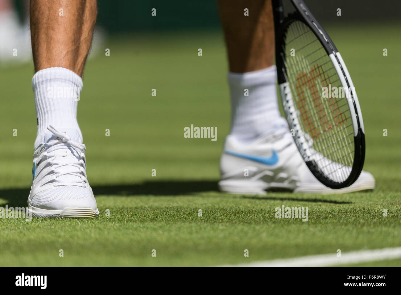 Wimbledon, London, UK. 2nd July, 2018. Close-up Rogder Federer's Nike grass  court shoes at the Wimbledon Tennis Championships 2018, London, United  Kingdom. Credit: Raymond Tang/Alamy Live News Stock Photo - Alamy
