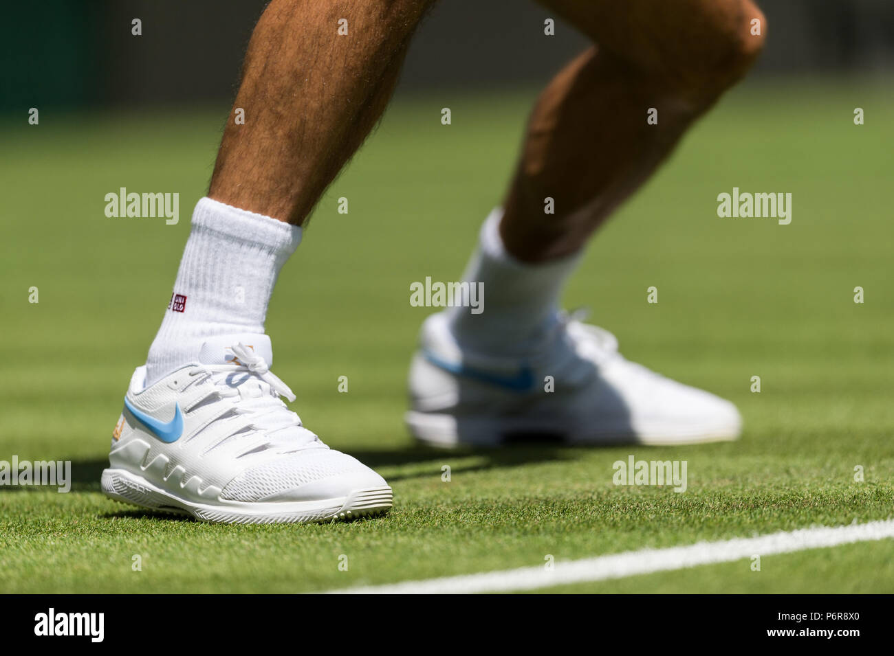 Wimbledon, London, UK. 2nd July, 2018. Close-up Rogder Federer's Nike grass  court shoes at the Wimbledon Tennis Championships 2018, London, United  Kingdom. Credit: Raymond Tang/Alamy Live News Stock Photo - Alamy