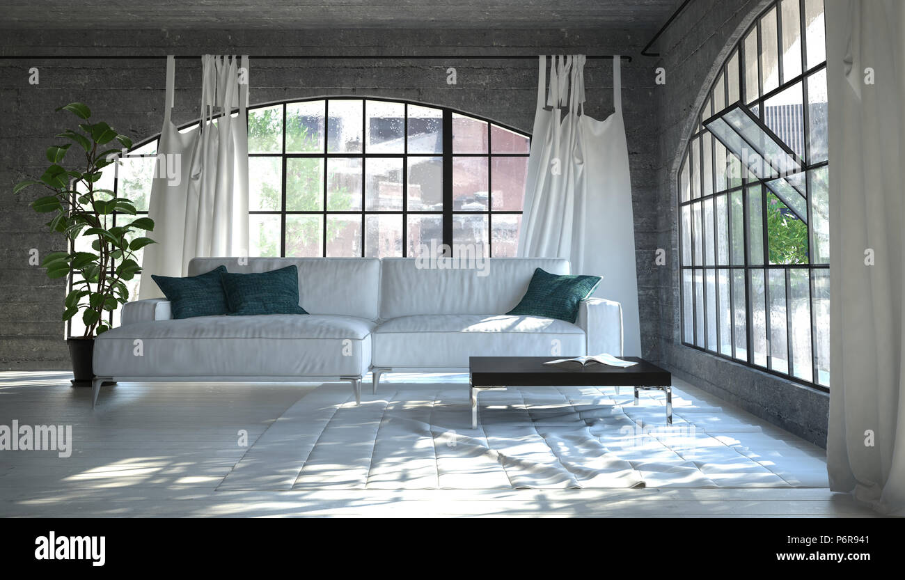 Sunny Bright Modern Lounge Interior With Large Arched Windows