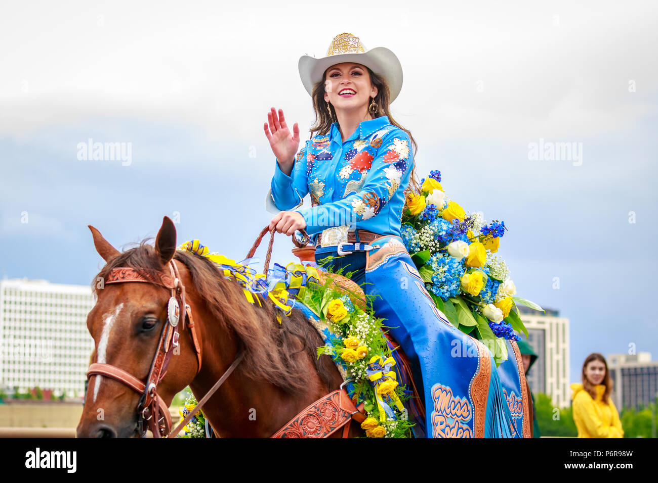 Portland, Oregon, USA - June 9, 2018: Miss Rodeo Oregon, Jessi Cornforth, in the Grand Floral Parade, during Portland Rose Festival 2018. Stock Photo