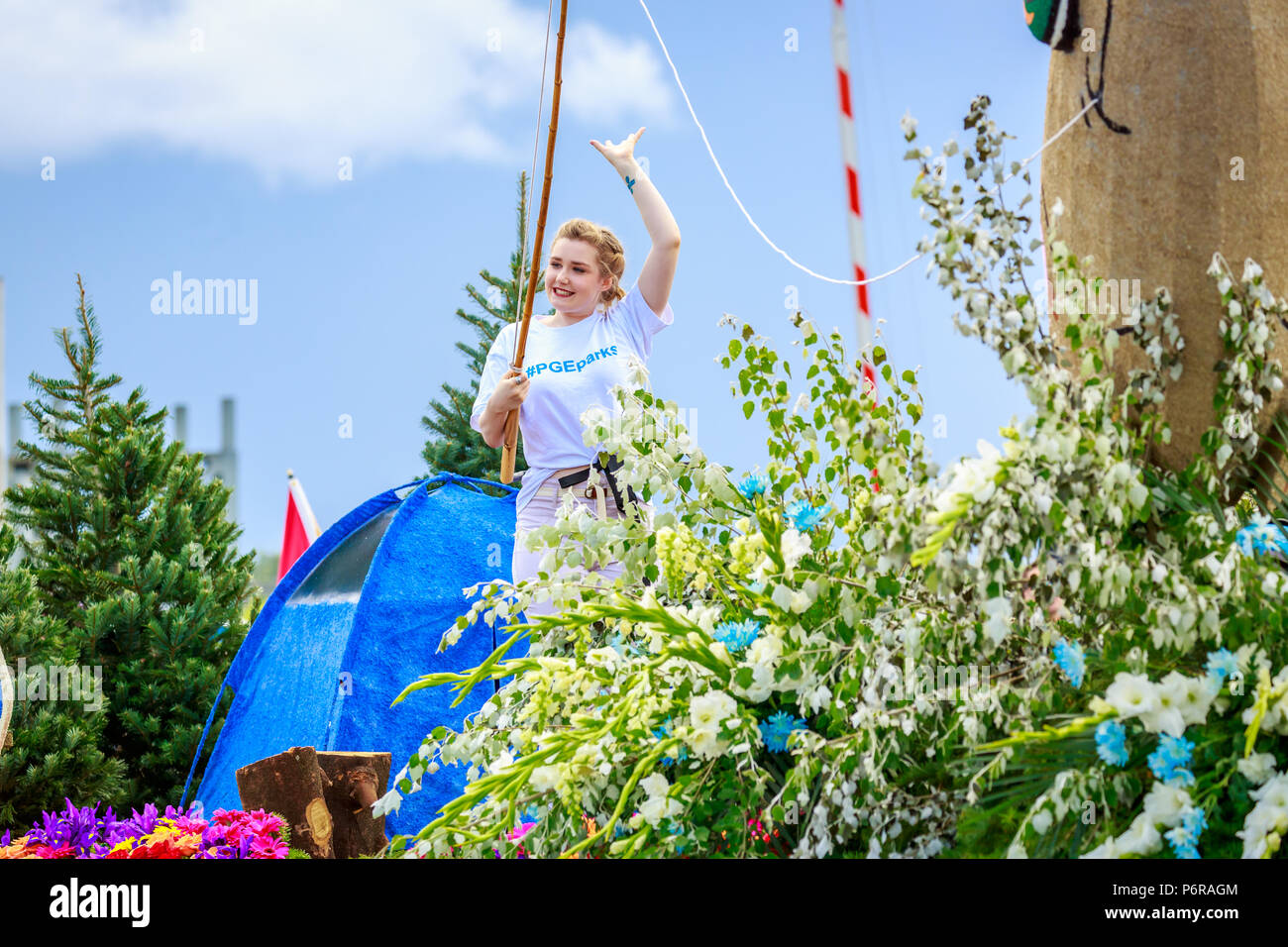 Oregon Rose Float Portland, Oregon, USA - June 9, 2018: PGE float in the Grand Floral ...