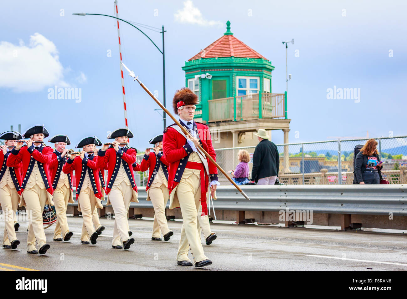 Portland, Oregon, USA - June 9, 2018: The United States Army Old Guard Fife and Drum Corps in the Grand Floral Parade, during Portland Rose Festival 2 Stock Photo