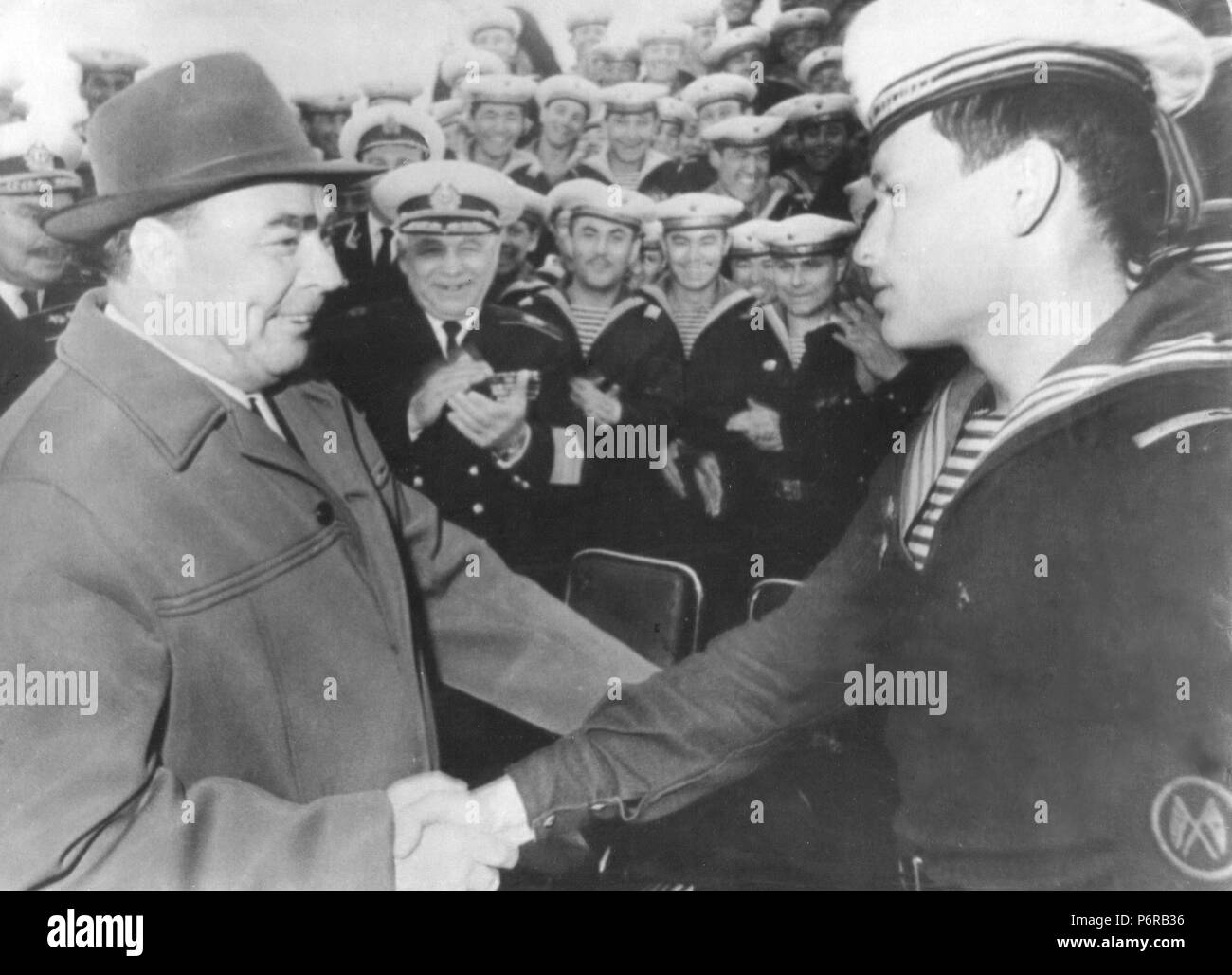 L.I. Brezhnev and the Sailor. 1978. Stock Photo