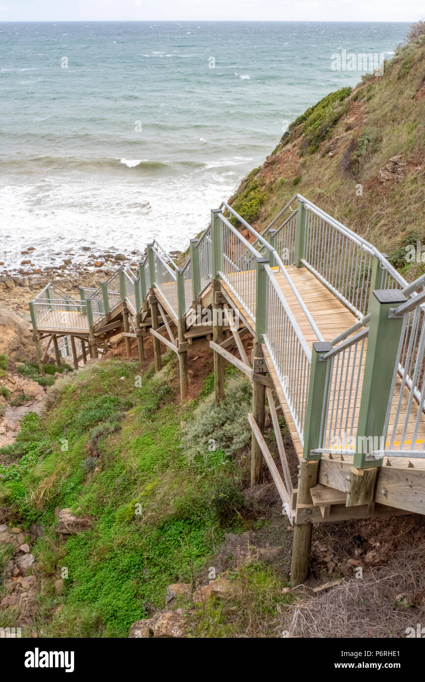 Steep steps on the Coastal Walk, a walking trail along Marino coastline St Vincent Gulf just south of Adelaide, SA, Australia. Stock Photo