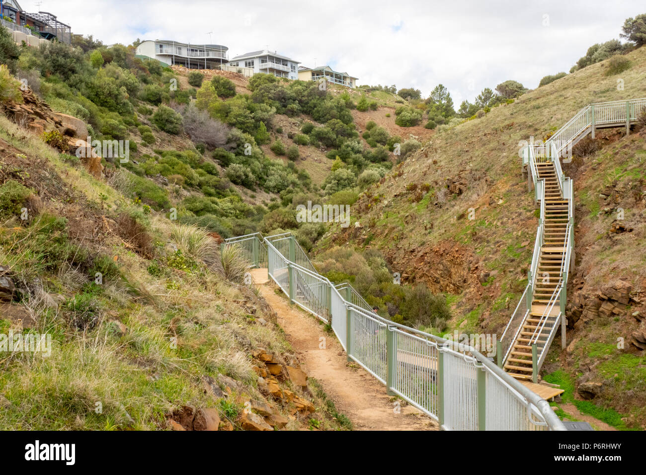 Steep steps on the Coastal Walk, a walking trail along Marino coastline St Vincent Gulf just south of Adelaide, SA, Australia. Stock Photo