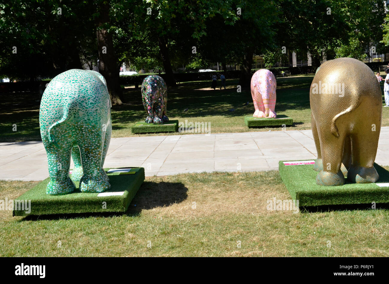 Elephant sculptures in Grosvenor Square, Mayfair London as part of the 2018 Elephant parade to highlight the plight of Asian elephants Stock Photo