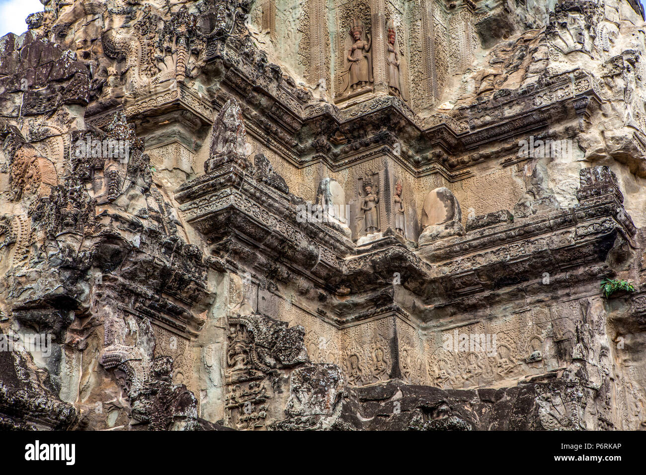12th century carved sandstone tower at Angkor Wat, Siem Reap, Cambodia. Stock Photo