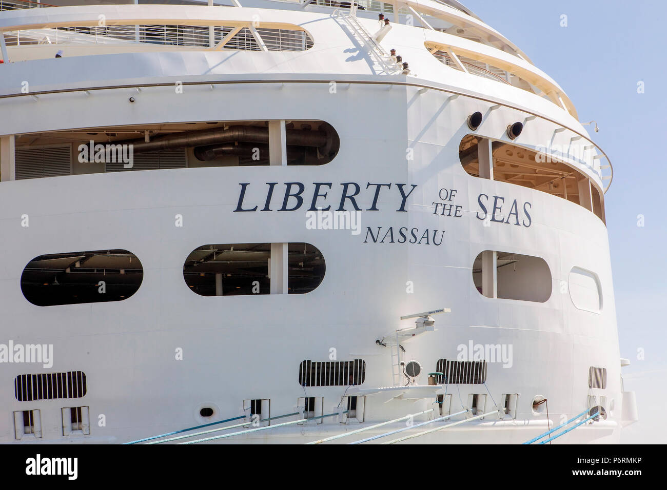 Stern of the luxury cruise liner Liberty of the Seas, a Freedom class cruise liner, has hull cut-outs to provide ventilation. Stock Photo
