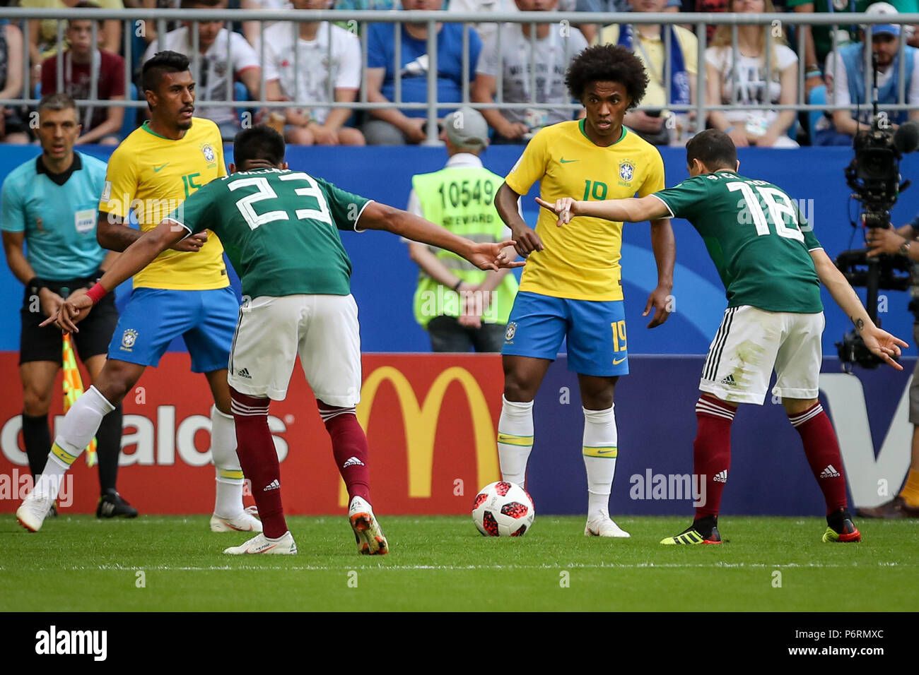 Samara, Russia. 02nd July, 2018. Mehdi Carcela and Amine Harit from Morocco, Paulo Henrique Sampaio Filho and Willian Borges da Silva from Brazil during a match between Brazil and Mexico valid for the eighth round of World Cup 2018 finals, held at Arena Samara, Russia Credit: Thiago Bernardes/Pacific Press/Alamy Live News Stock Photo