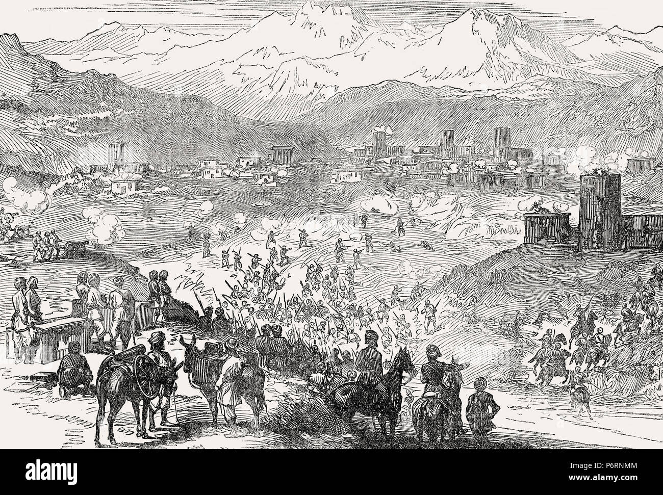 Attack on a town, scene from Anglo-Zulu War, 1879, From British Battles on Land and Sea, by James Grant Stock Photo