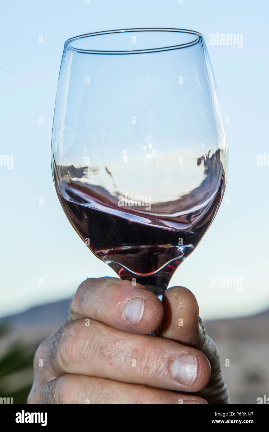 Red Wine swirling in a glass and clinging to the sides. Stock Photo