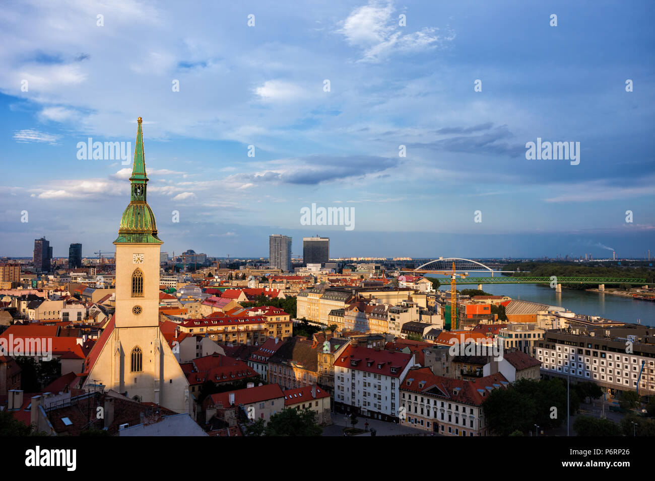 Bratislava capital city of Slovakia at sunset, cityscape with the Old Town and St Martin Cathedral Stock Photo