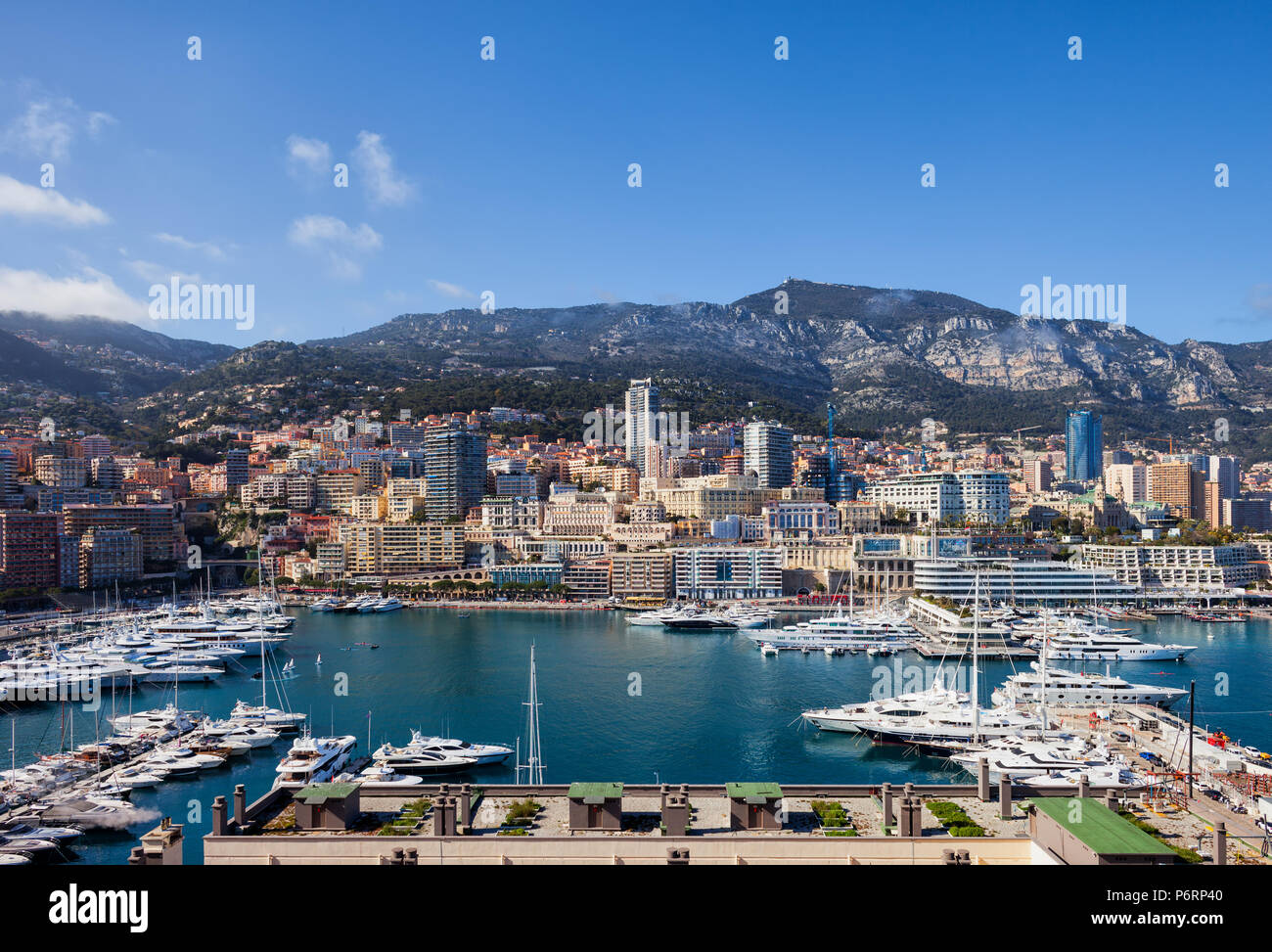 Monaco principality cityscape, Monte Carlo skyline at Port Hercule on Mediterranean Sea, Europe Stock Photo