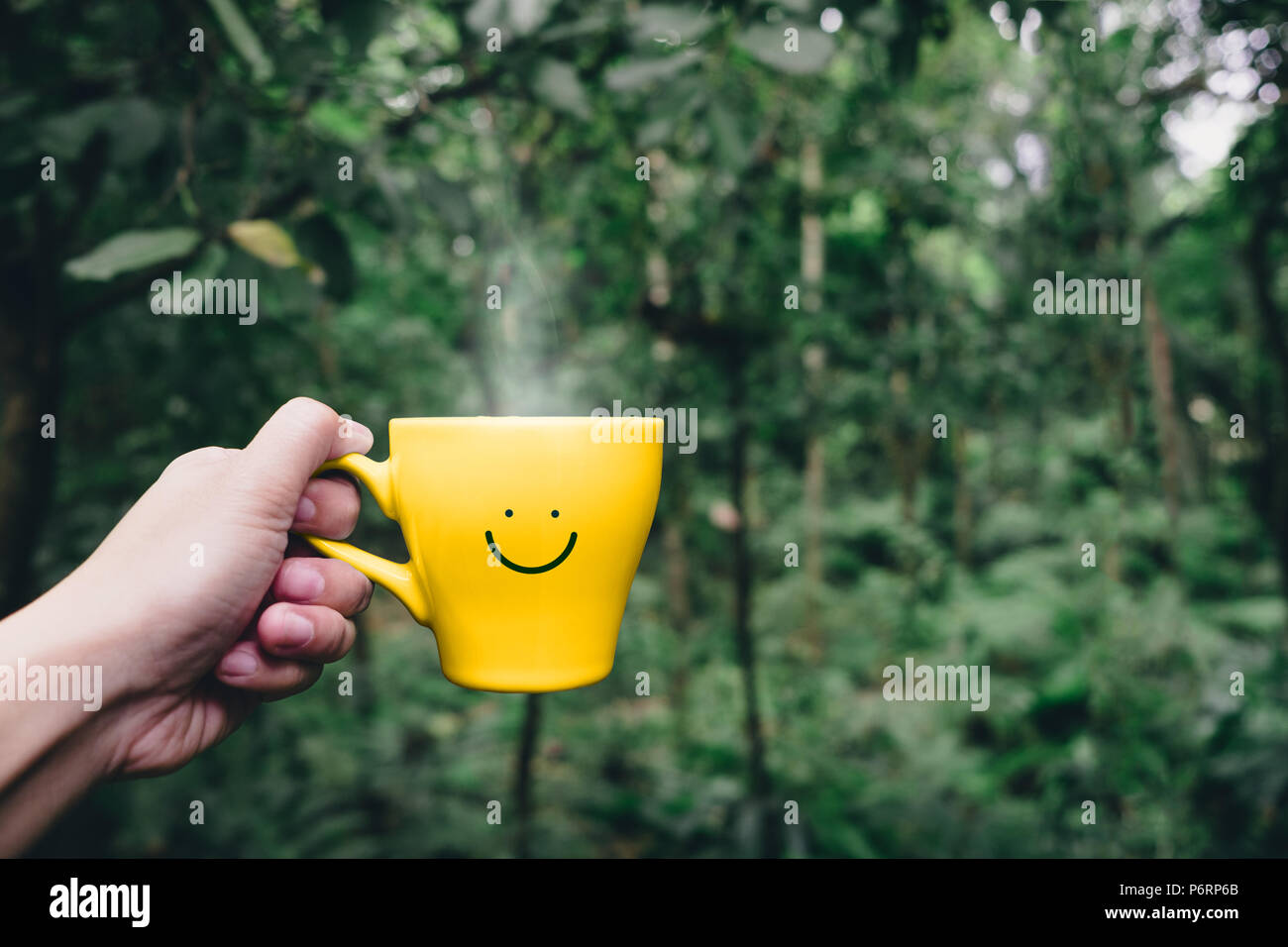 Download Hand Holding Hot Yellow Coffee Cup With Hand Drawn Smile Face On Cup At Tropical Nature Forest Leisure Lifestyle Stock Photo Alamy Yellowimages Mockups