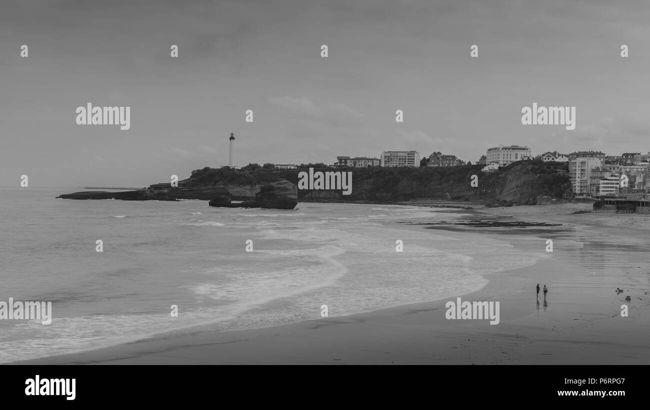 Grande Plage beach and rock on foreground, Biarritz, Aquitaine, France Stock Photo