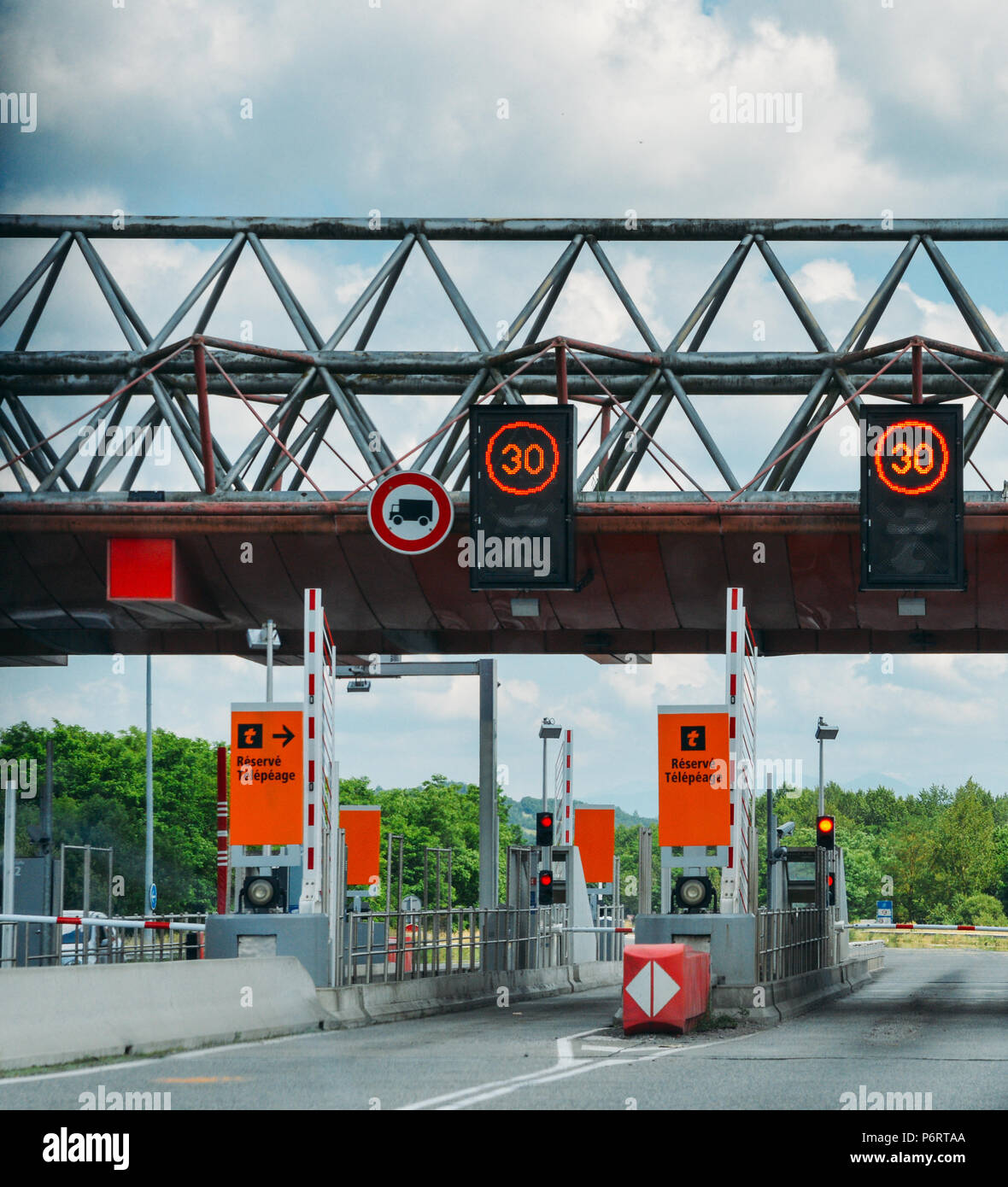 Cars passing through the point of toll highway, toll station in France, peage Stock Photo
