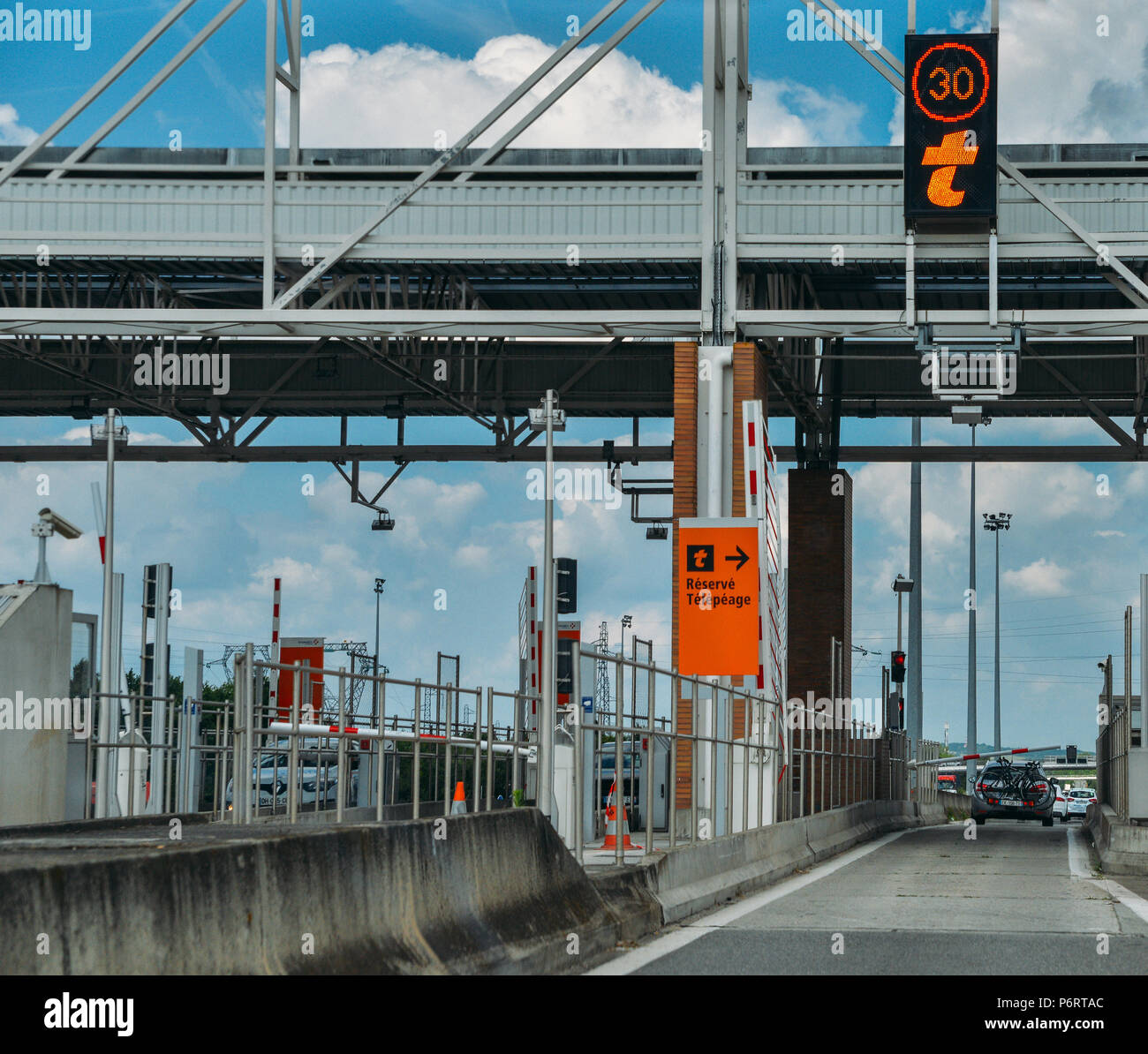 Cars passing through the point of toll highway, toll station in France, peage Stock Photo