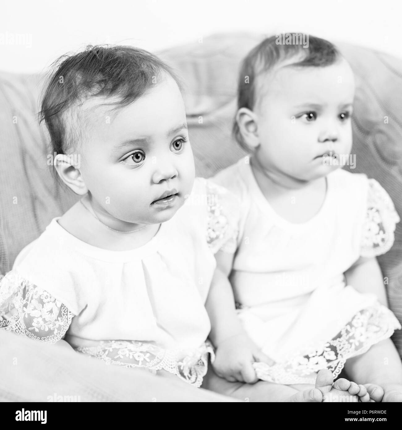 Two adorable baby twins sitting in the chair. Stock Photo