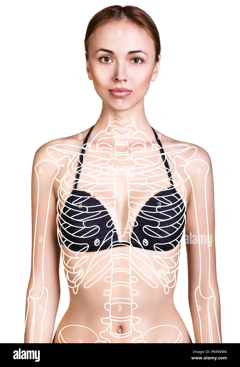 Young woman with paint skeleton on her body. Stock Photo