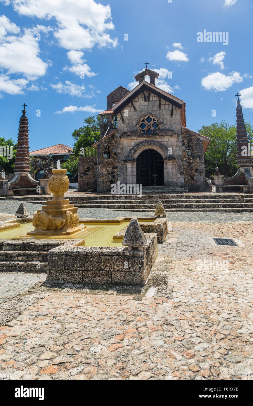 Fountain in front of the church of St Stanislaus, Altos de Chavon Stock