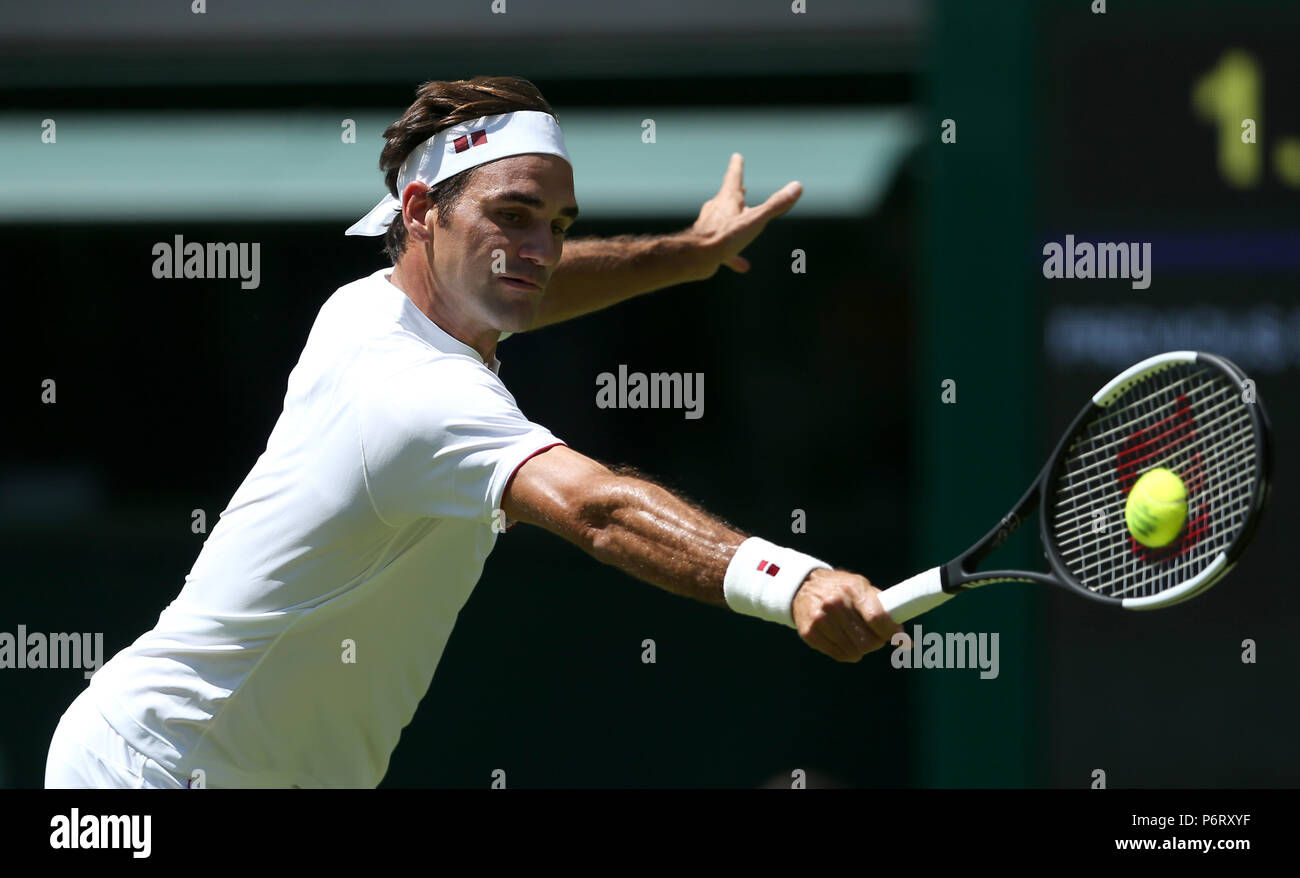 Roger Federer on day One of the Wimbledon Championships at the All England Lawn Tennis and Croquet Club, Wimbledon. Stock Photo
