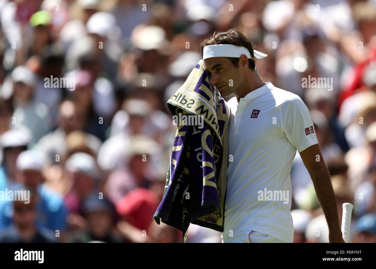 Roger Federer on day One of the Wimbledon Championships at the All England Lawn Tennis and Croquet Club, Wimbledon Stock Photo