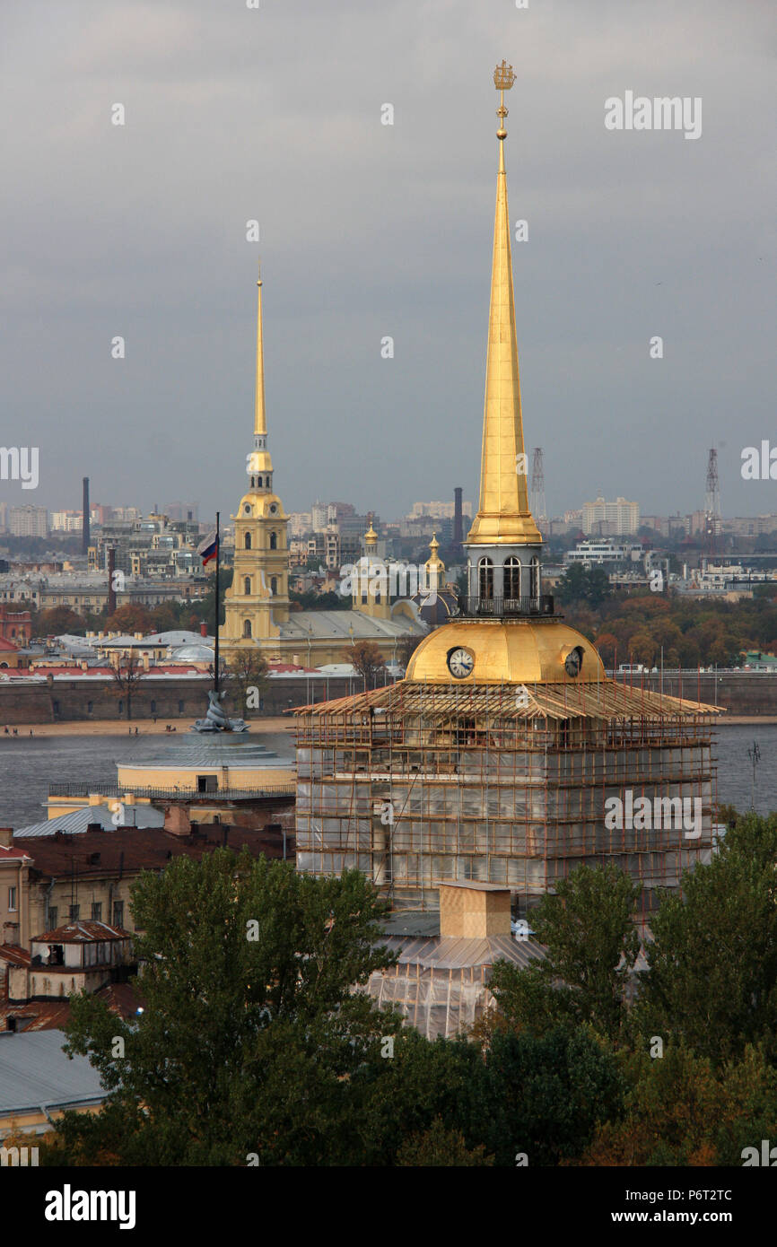 Skyline with the spires of the Admirality building and the Peter and Paul Cathedral - seen from the St. Isaac Cathedral in St. Petersburg, Russia Stock Photo