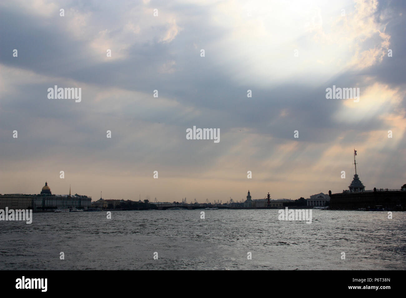 Dramatic sky over the skyline of St. Petersburg, Russia Stock Photo