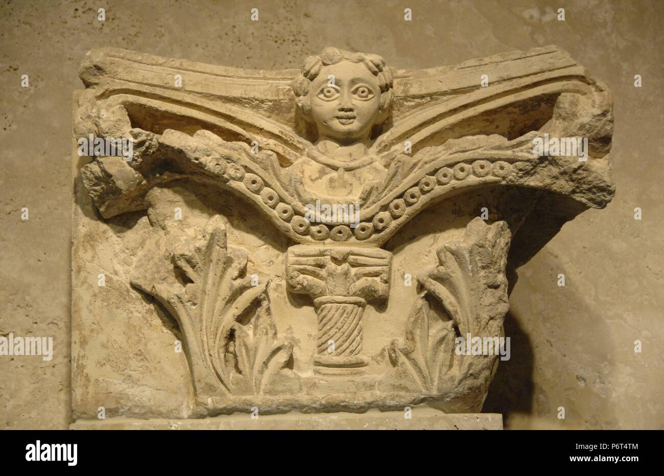 Byzantine art. Capital decorated with a relief of a woman. Byzantine Museum. Athens. Greece. Stock Photo