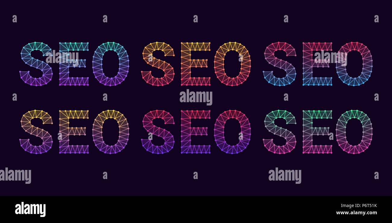 Search Engine Optimization. Vector illustration of SEO inscription consisting of lines and knots. Turquoise-violet and yellow-pink, red-blue and purpl Stock Vector