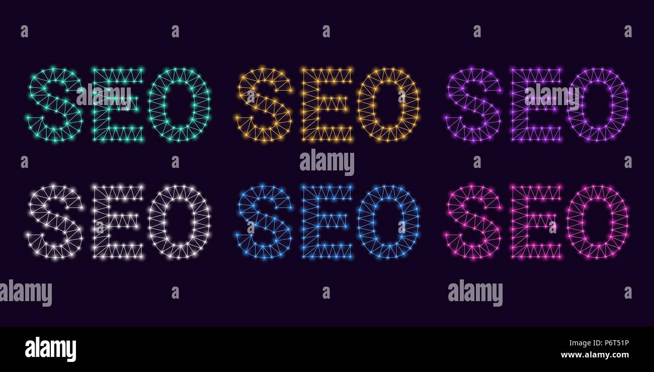 Search Engine Optimization. Vector illustration of SEO inscription consisting of lines and glowing knots. Turquoise and gold, purple and violet, white Stock Vector