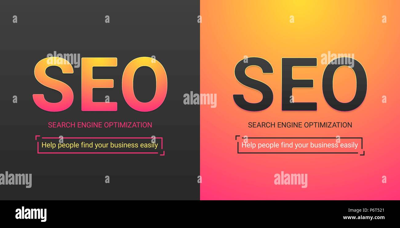 Banner of Search Engine Optimization. Vector illustration of SEO inscription. Color palette contains black color, yellow-pink gradient Stock Vector