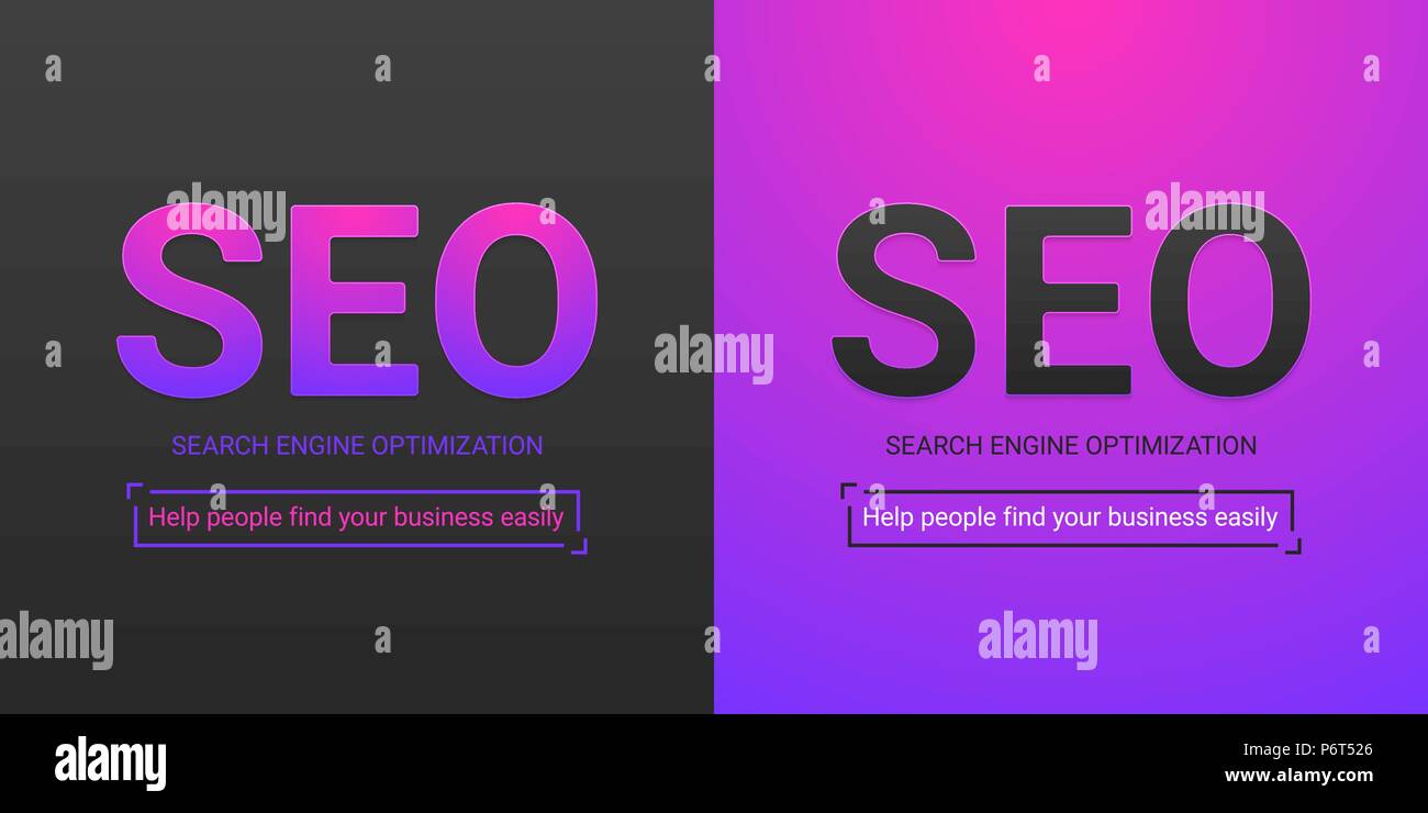 Banner of Search Engine Optimization. Vector illustration of SEO inscription. Color palette contains black color, purple-violet gradient Stock Vector