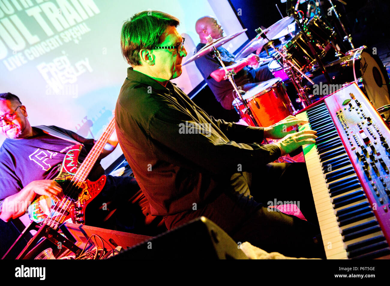 London UK 22 April 2018 Peter Madsen on Keyboard with jazz-funk band The  New JBs at the CLF cafe in Peckham, South London Stock Photo - Alamy