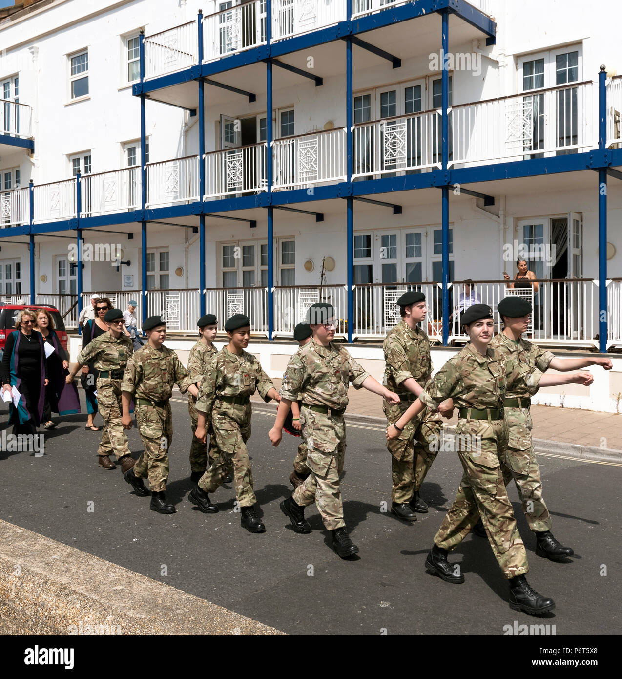 Sidmouth East devon, England UK. Sidmouth Army Cadets marching in a Armed Forces Day parade along the seafront. Stock Photo