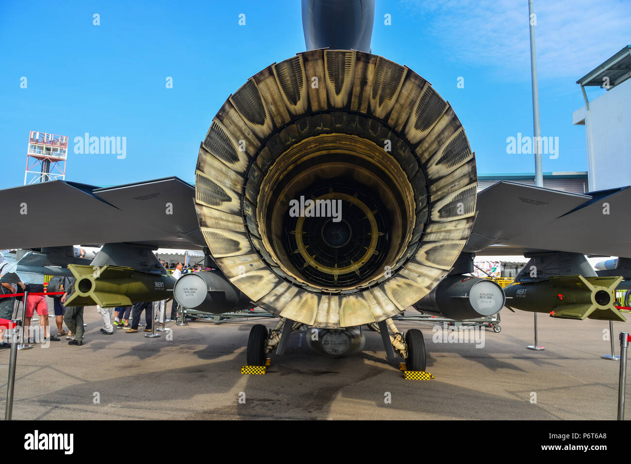 Singapore - Feb 10, 2018. A Lockheed Martin F-16 Fighting Falcon fighter aircraft of Singapore Air Force (RSAF) in Changi, Singapore. Stock Photo