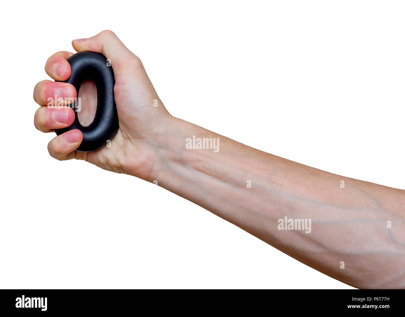 Man's hand with rubber ring used as hand expander (hand gripper). Hand