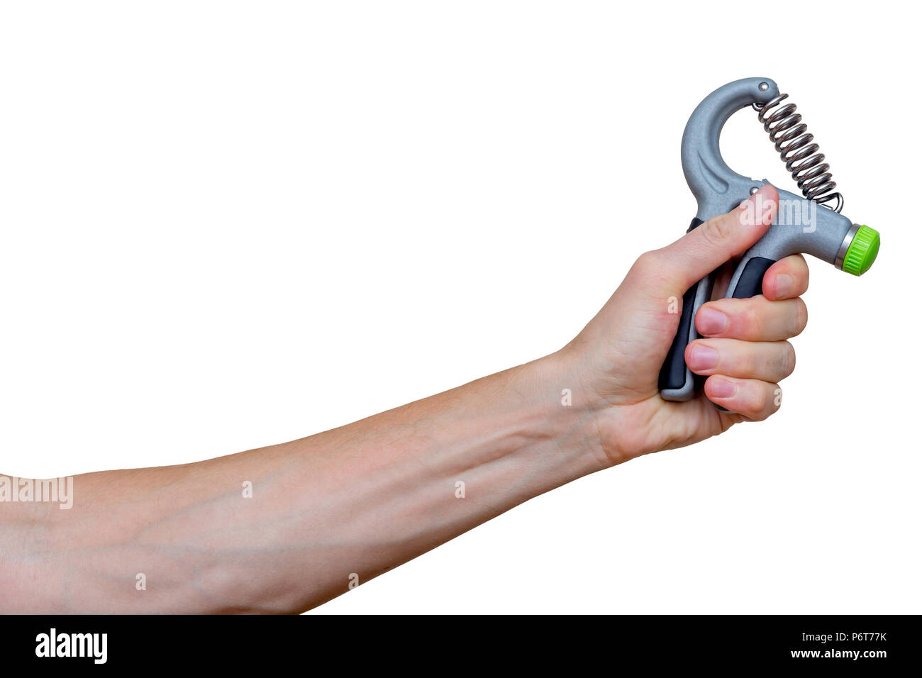 Man's hand with hand expander (hand gripper). Hand grip strengthening