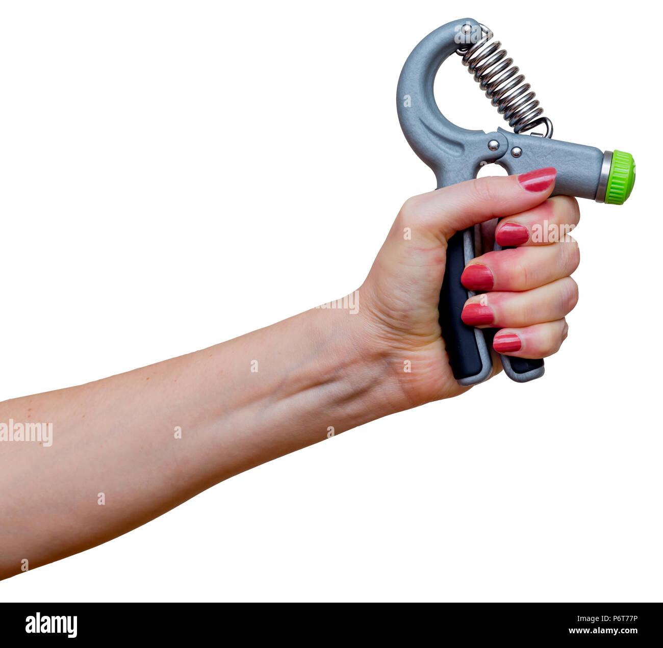 Woman's hand with hand expander (hand gripper). Hand grip strengthening