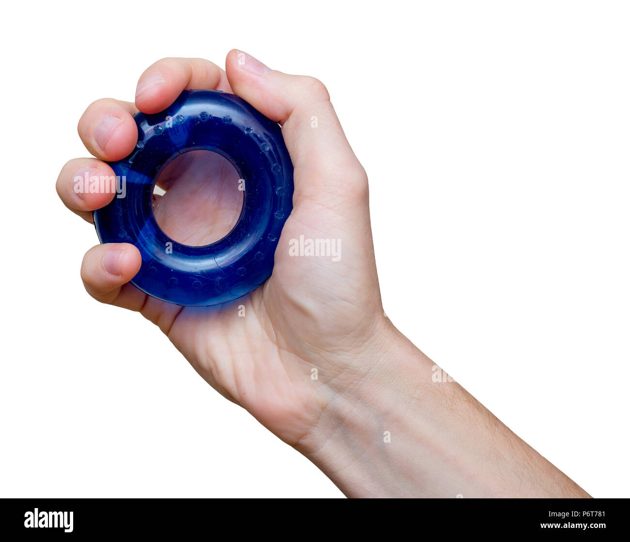 Man's hand with rubber ring used as hand expander (hand gripper). Hand