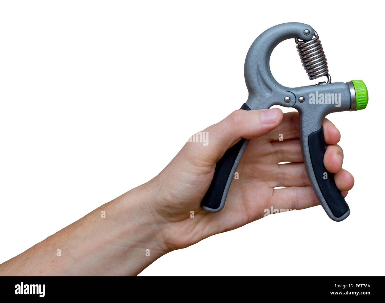 Man's hand with hand expander (hand gripper). Hand grip strengthening