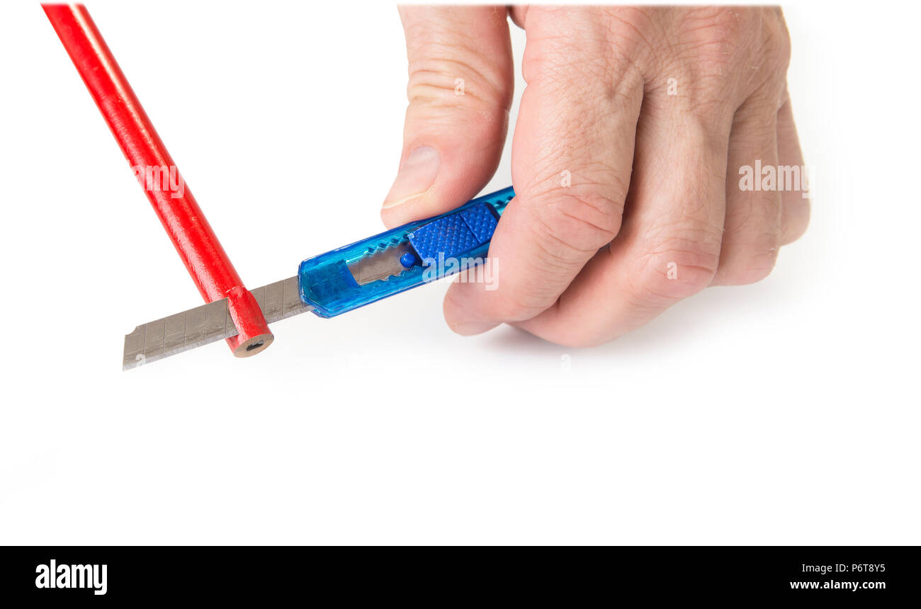 Carpenter pencil sharpen with cutter knife on white Stock Photo Alamy
