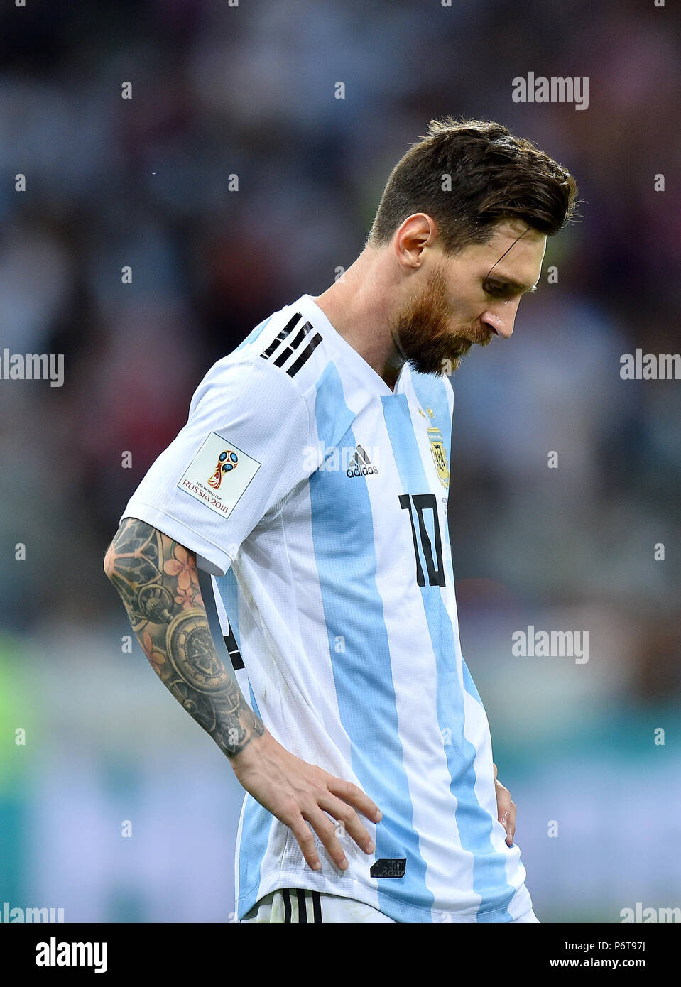 NIZHNIY NOVGOROD, RUSSIA - JUNE 21: Lionel Messi of Argentina looks on after argentina conceived second goal during the 2018 FIFA World Cup Russia group D match between Argentina and Croatia at Nizhniy Novgorod Stadium on June 21, 2018 in Nizhniy Novgorod, Russia. (Photo by Lukasz Laskowski/PressFocus/MB Media) Stock Photo