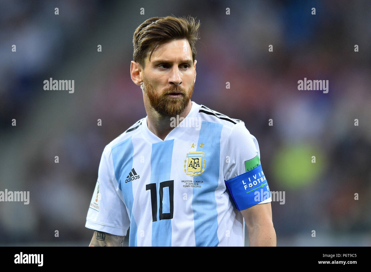 NIZHNIY NOVGOROD, RUSSIA - JUNE 21: Lionel Messi of Argentina looks on during the 2018 FIFA World Cup Russia group D match between Argentina and Croatia at Nizhniy Novgorod Stadium on June 21, 2018 in Nizhniy Novgorod, Russia. (Photo by Lukasz Laskowski/PressFocus/MB Media) Stock Photo