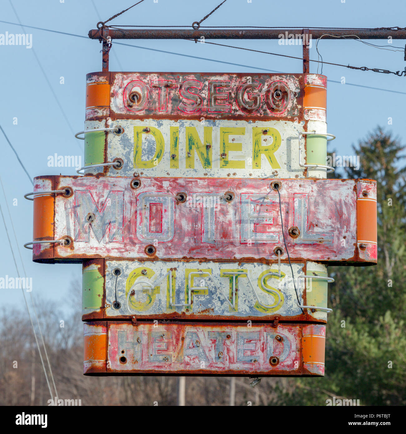 Vintage sign on a roadside motel on Route 20 in Otsego County, New York State. Stock Photo