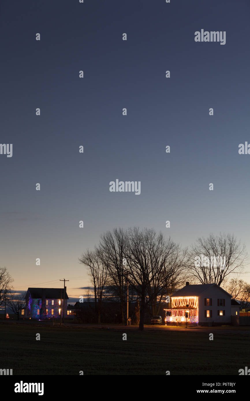 Stone Arabia, New York, USA Christmas decorations on rural homes Stock